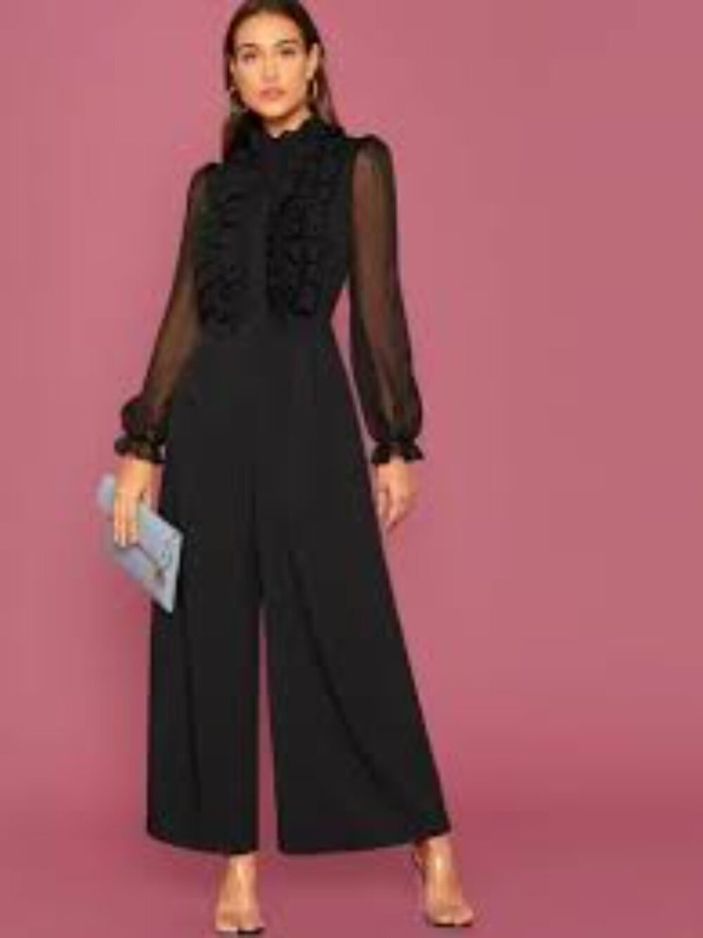 Sheer Sleeve Black RuffledTuxedo  Jumpsuit